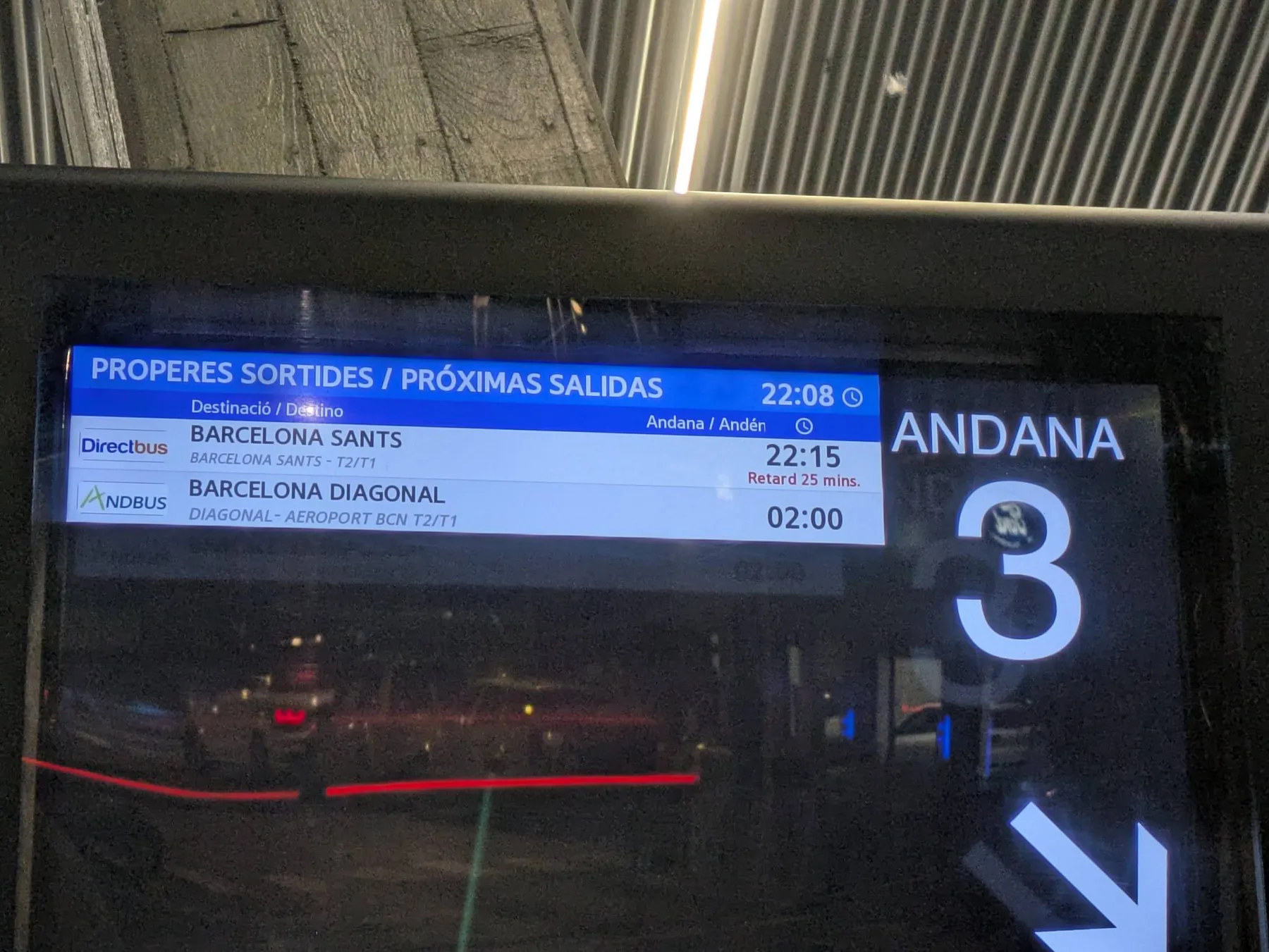 Photo of a departure board showing that the 22:15 is delayed
by 25 minutes