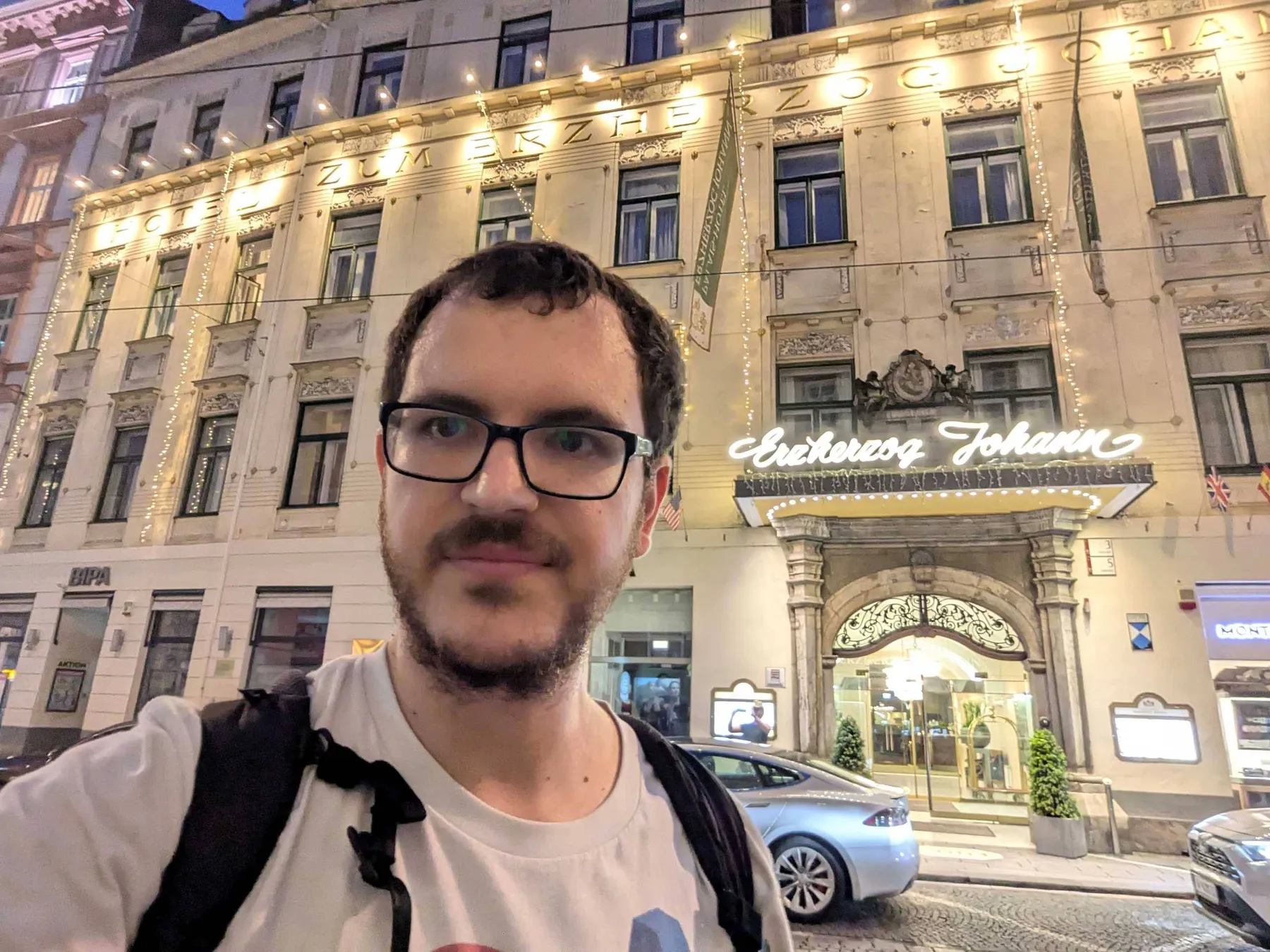 Selfie in front of the Palais-Hotel Erzherzog Johann, Graz, Austria