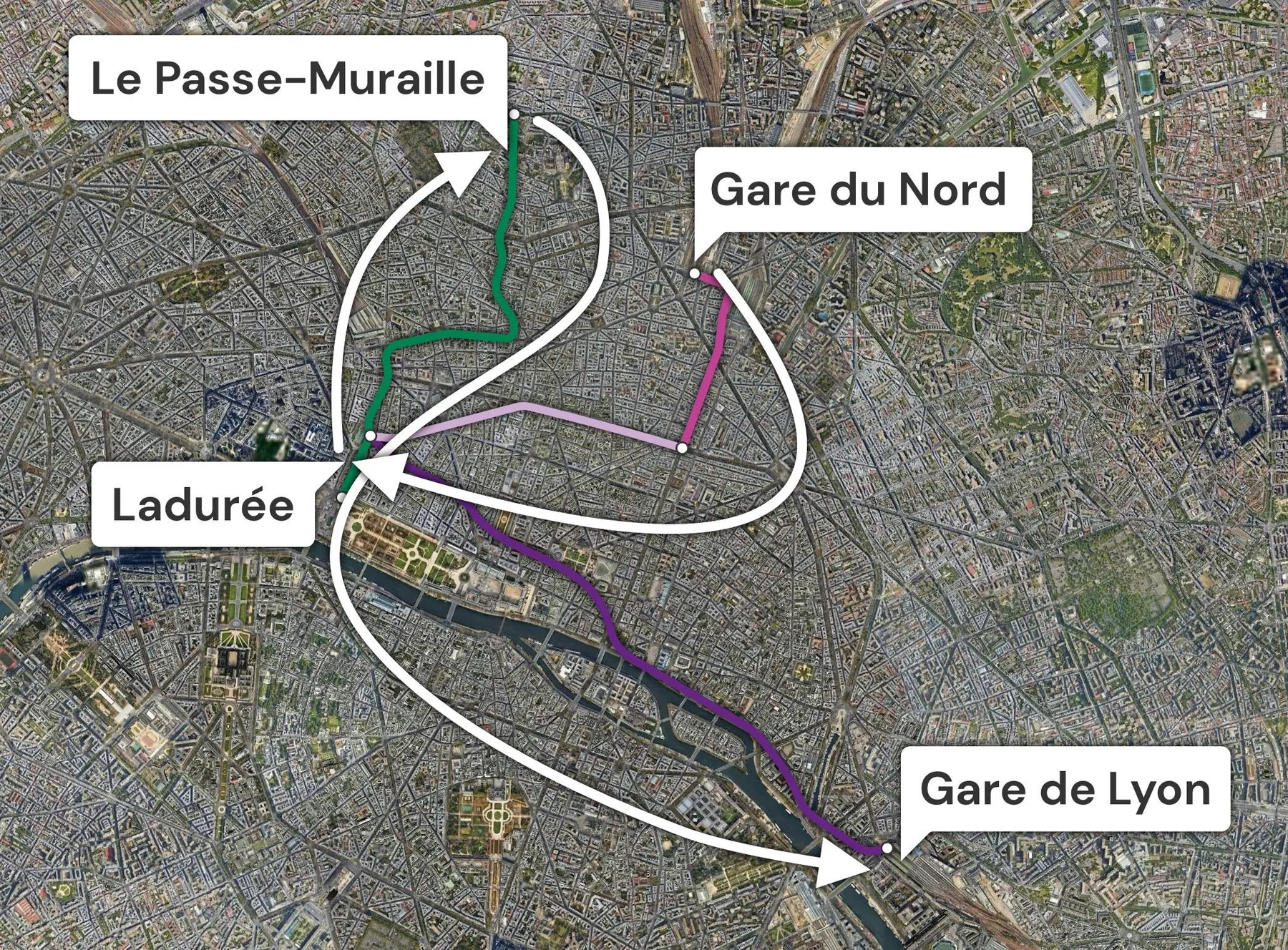 Map of Paris showing a convoluted
itinerary from Gare du Nord to Gare de Lyon, passing first trough Madeleine and then trhough Montmartre