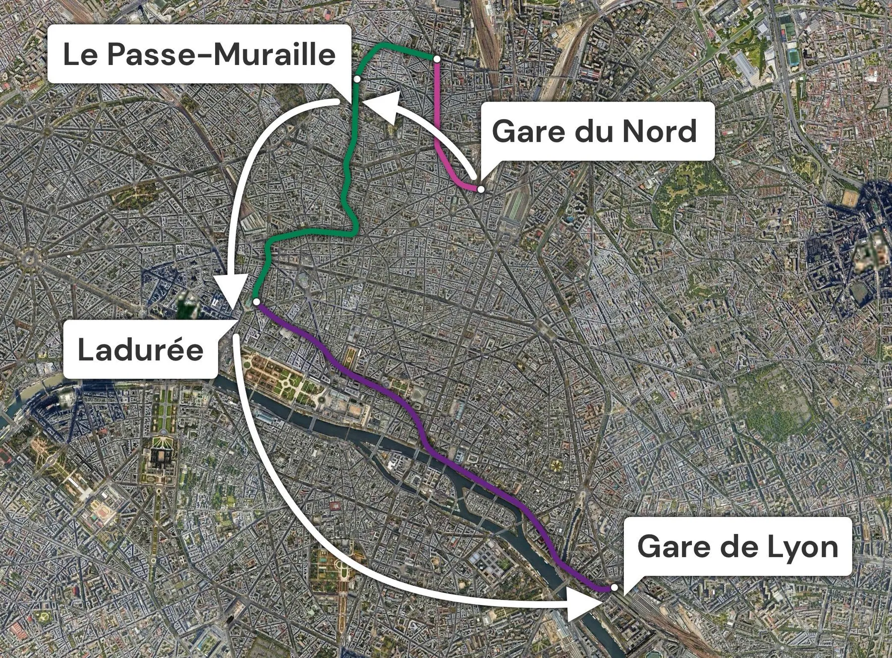 Map of Paris showing a
straightforward itinerary from Gare du Nord to Gare de Lyon, passing first trough Montmartre and then trhough
Madeleine